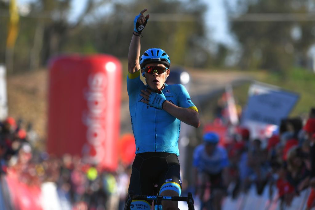 ALTO DO MALHO LOUL PORTUGAL FEBRUARY 22 Arrival Miguel ngel Lpez of Colombia and Team Astana Pro Team Celebration during the 46th Volta ao Algarve 2020 Stage 4 a 1697km stage from Albufeira to Alto do Malho 518m Loul VAlgarve2020 on February 22 2020 in Alto do Malho Loul Portugal Photo by Tim de WaeleGetty Images