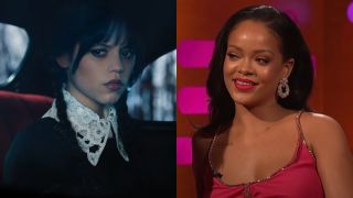 Jenna Ortega as Wednesday looking out a window and Rihanna smiling while on the Graham Norton Show.