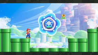 Super Mario looking up at a Wonder Flower in Super Mario Bros. Wonder