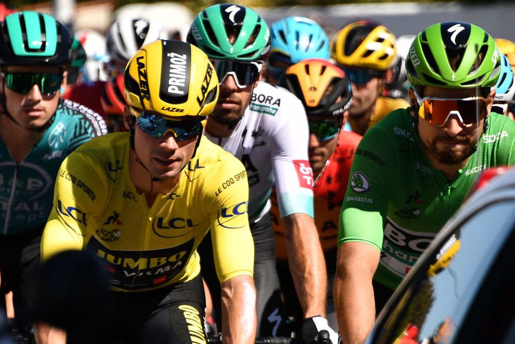 Team Jumbo rider Slovenias Primoz Roglic L and Team Bora rider Slovakias Peter Sagan ride during the 10th stage of the 107th edition of the Tour de France cycling race 170 km between Le Chateau dOleron and Saint Martin de Re on September 8 2020 Photo by AnneChristine POUJOULAT AFP Photo by ANNECHRISTINE POUJOULATAFP via Getty Images
