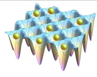 The interferecence of laser beams creates an "egg box" optical lattice, with each cup holding a single atom.