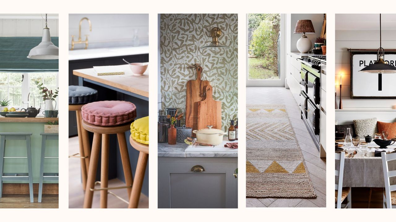 compilation images of kitchens with soft furnishings and accessories to show how to make a kitchen cosy