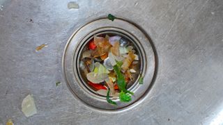 Food debris in the strainer in a kitchen sink