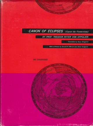 a red book cover with the title "canon of eclipses" and an illustration of earth crisscrossed with lines