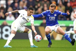 Leeds United’s Raphinha (left) and Leicester City’s Kiernan Dewsbury-Hall battle for the ball during the Premier League match at the King Power Stadium, Leicester. Picture date: Saturday March 5, 2022