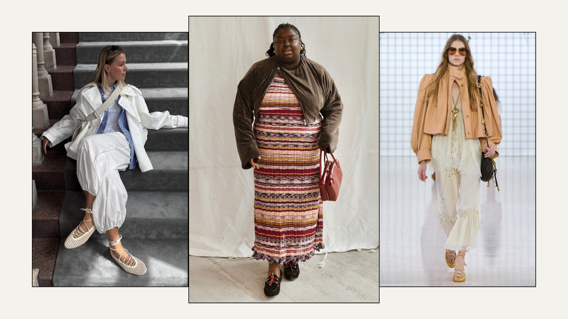A collage of the best lace-up flats, as seen on style insiders like Abi Marvel, Hollie Mercedes and Chloé&#039;s runway.