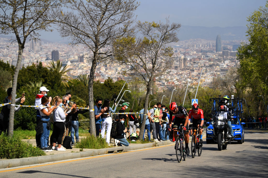 BARCELONA SPAIN  MARCH 28 Thomas De Gendt of Belgium and Team Lotto Soudal  Matej Mohoric of Slovenia and Team Bahrain Victorious during the 100th Volta Ciclista a Catalunya 2021 Stage 7 a 133km stage from Barcelona to Barcelona  Public  Fans  Alt del Castell de Montjuc 170m  Breakaway  Landscape  VoltaCatalunya100  on March 28 2021 in Barcelona Spain Photo by David RamosGetty Images