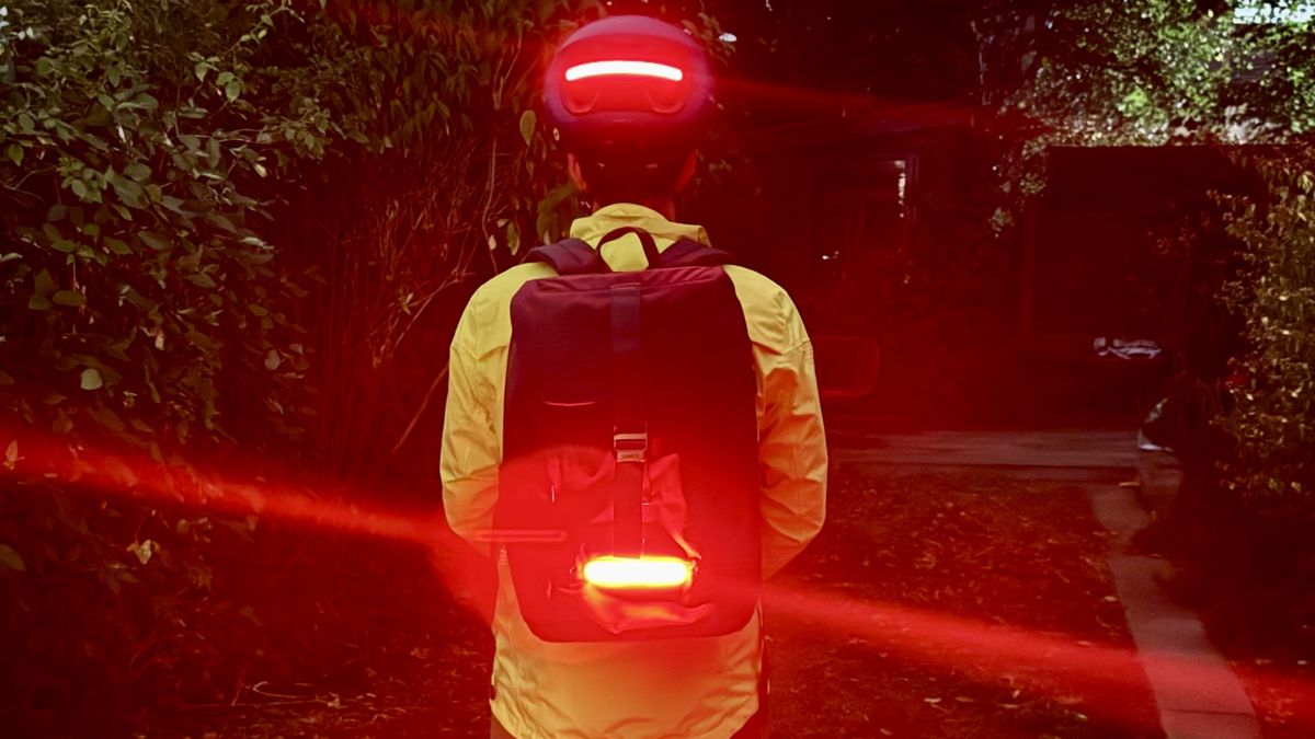 The Unit 1 Aura helmet and Torch backpack after dark