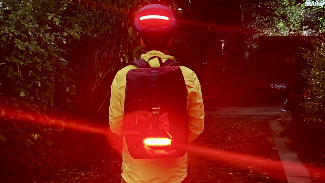 The Unit 1 Aura helmet and Torch backpack after dark