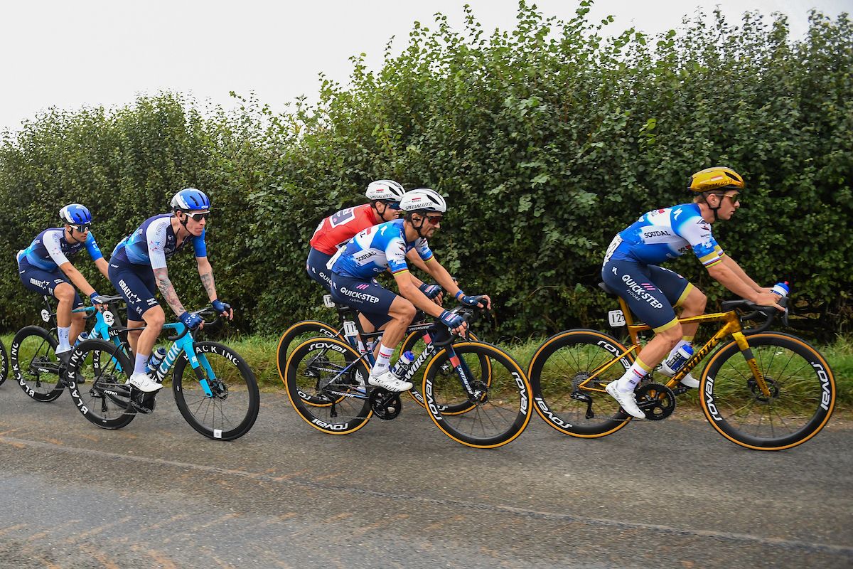 Picture by Simon Wilkinson/SWpix.com - 07/09/2024 - Lloyds Bank Tour of Britain 2024 - Stage 5: The West Northamptonshire Stage Northampton to Northampton - Remco Evenepoel (Soudal Quick-Step), Julian Alaphilippe (Soudal Quick-Step), Jake Stewart (Israel - Premier Tech), Ethan Vernon (Israel - Premier Tech)