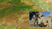 Captain Kirk and the Gorn face off in the corner of the screen pointing to the filming location on a satellite image below.