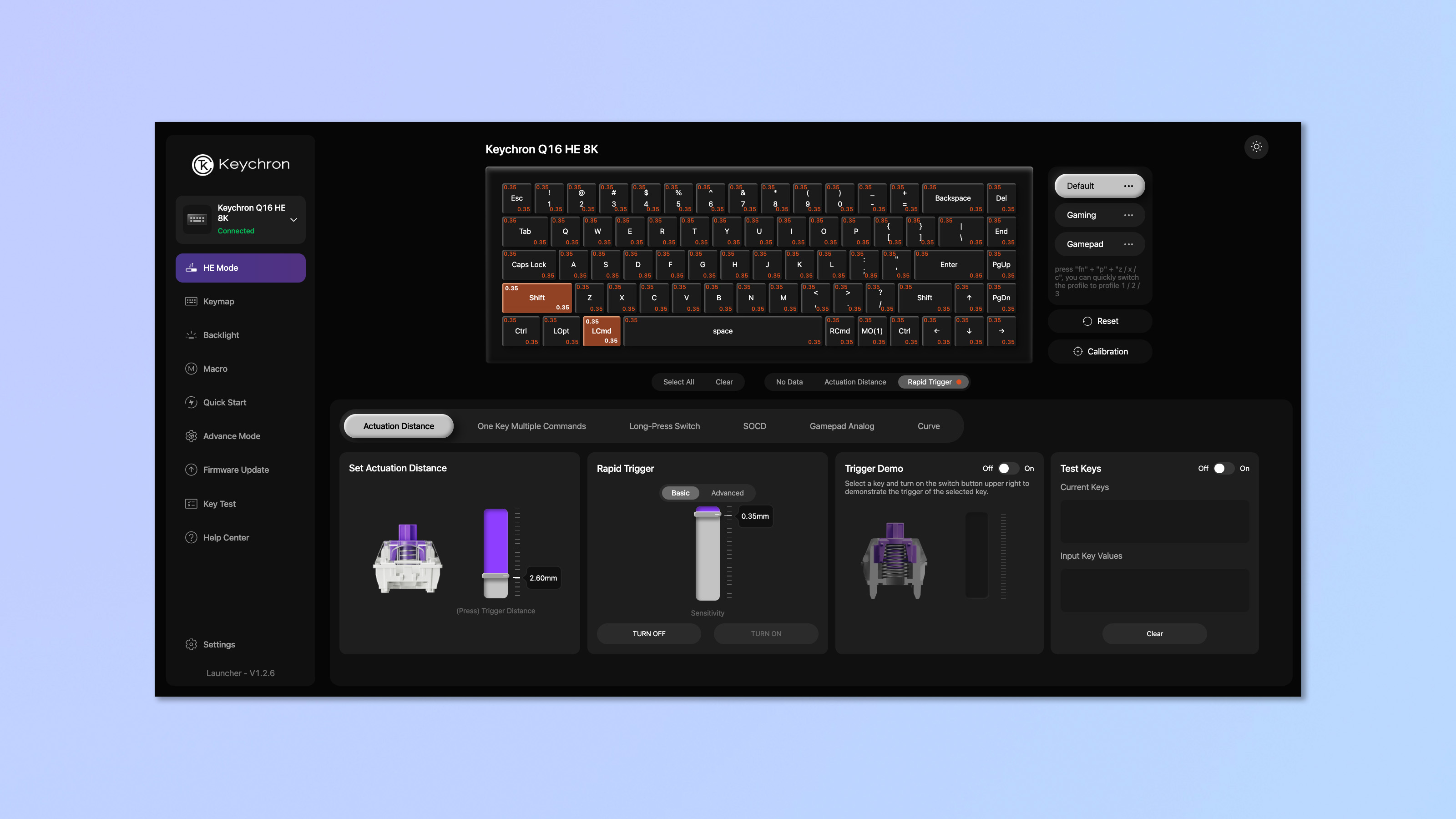 A screenshot showing the Keychron Q16 HE 8K being customized in the Keychron Launcher web app.