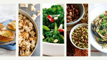 A collage of five different foods to show what not to cook in an air fryer including popcorn, wet batter, grains and kale