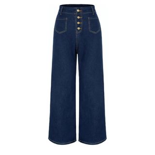 Belle Poque Women Denim Trousers With Pockets Straight Leg Elastic Waist Button Up Vintage Jeans Dark Blue M