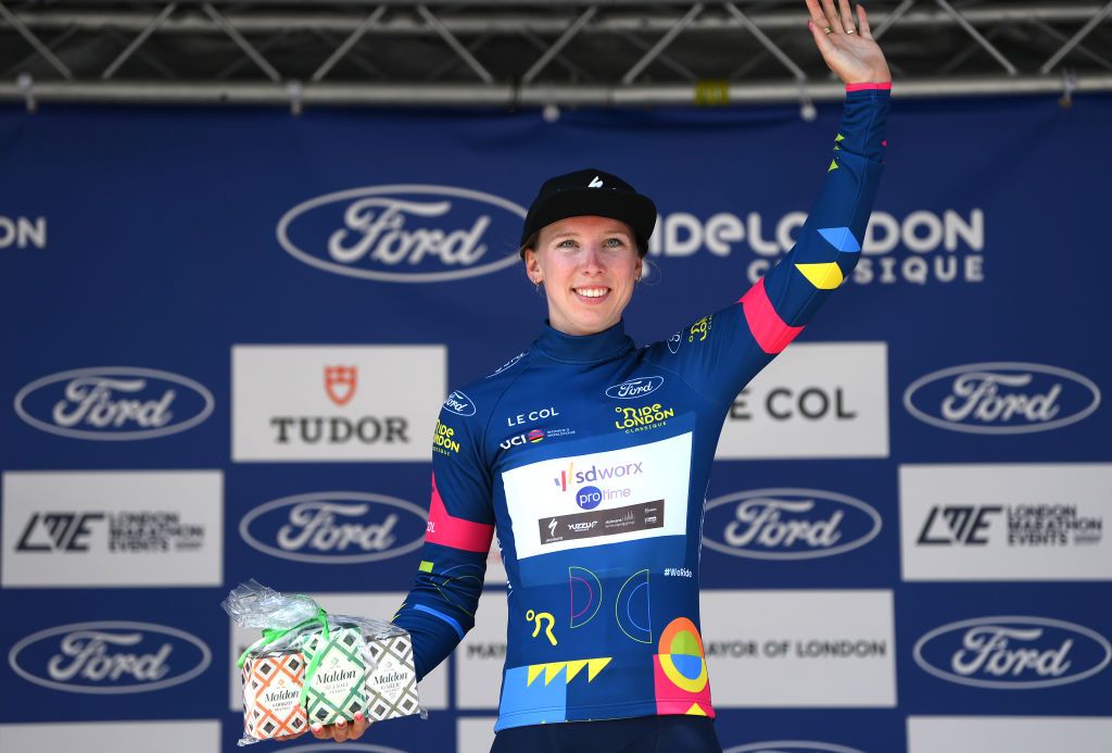 MALDON ENGLAND MAY 25 Lorena Wiebes of The Netherlands and Team SD WorxProtime celebrates at finish line as Blue Leader Jersey winner stage winner during the 10th Ford RideLondon Classique 2024 Stage 2 a 1426km stage from Saffron Maldon to Maldon UCIWWT on May 25 2024 in Maldon England Photo by Alex BroadwayGetty Images