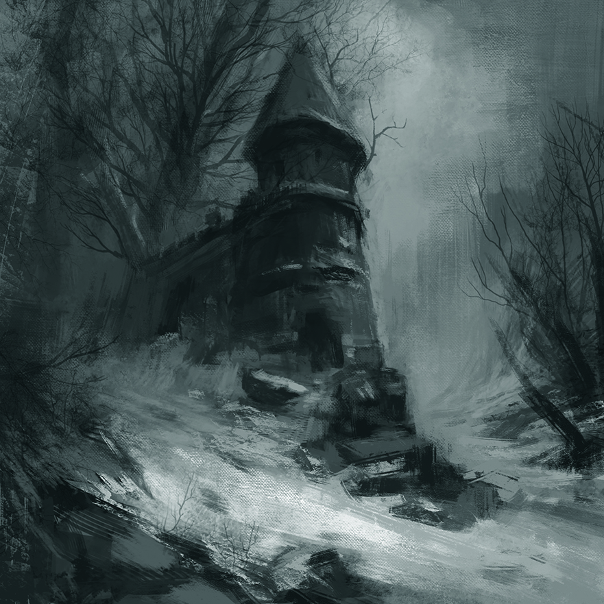 Dark digital art showing a fantasy character kneeling in front of a foreboding tower