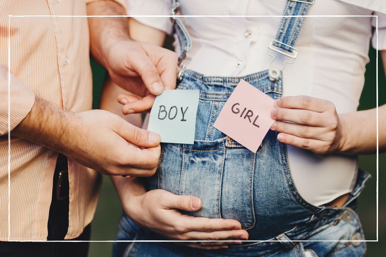 Baby gender predictor illustrated by Image of a pregnant tummy with blue and pink post its no it