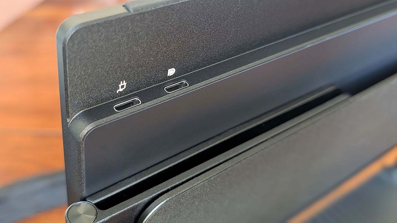 A closeup of a JSAUX FlipGo Horizon monitor's USB-C ports.