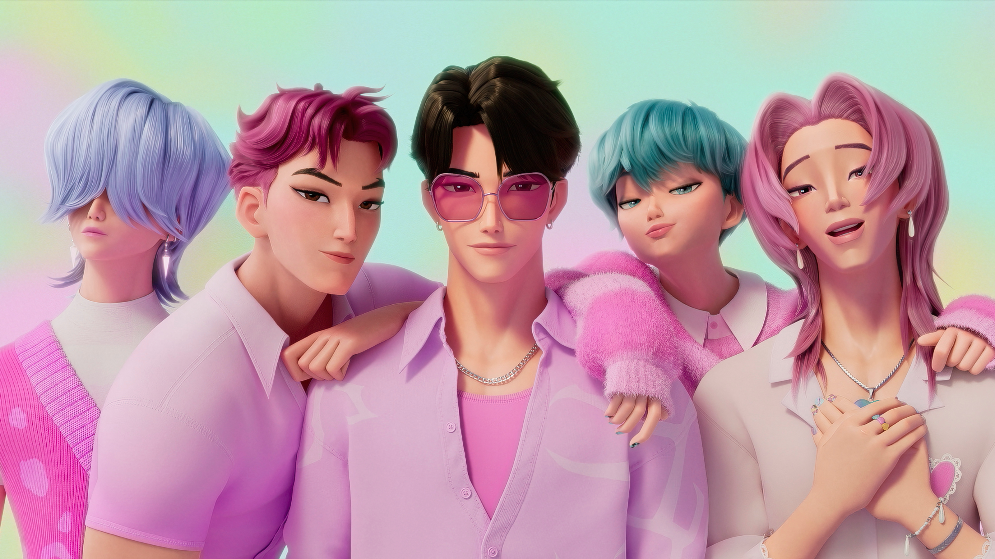 Huntrix's rival demon boyband "The Saja Boys" wearing coordinating pink outfits in a scene from Netflix's "Kpop Demon Hunters"