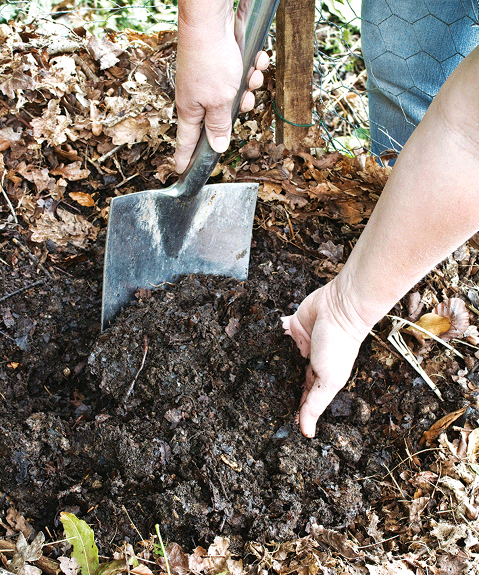 mulch being dug into ground