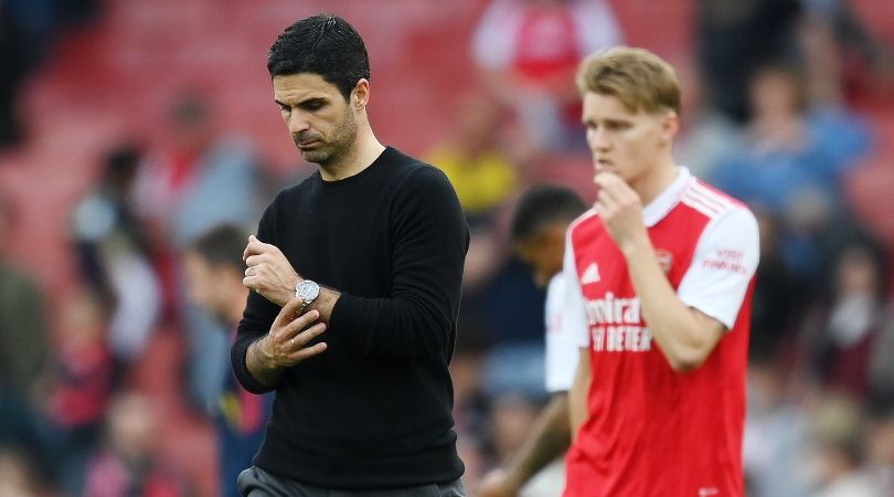 Arsenal manager Mikel Arteta and captain Martin Odegaard look dejected during the Gunners&#039; 3-0 loss to Brighton in May 2023.