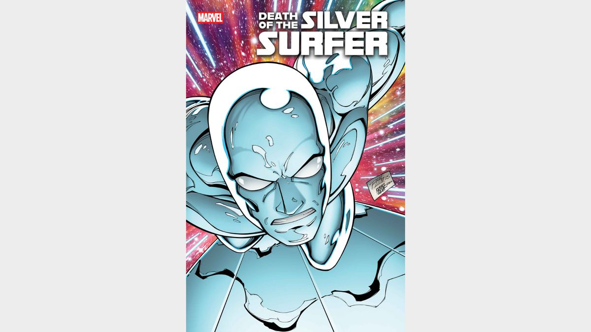 The Silver Surfer flying on his board