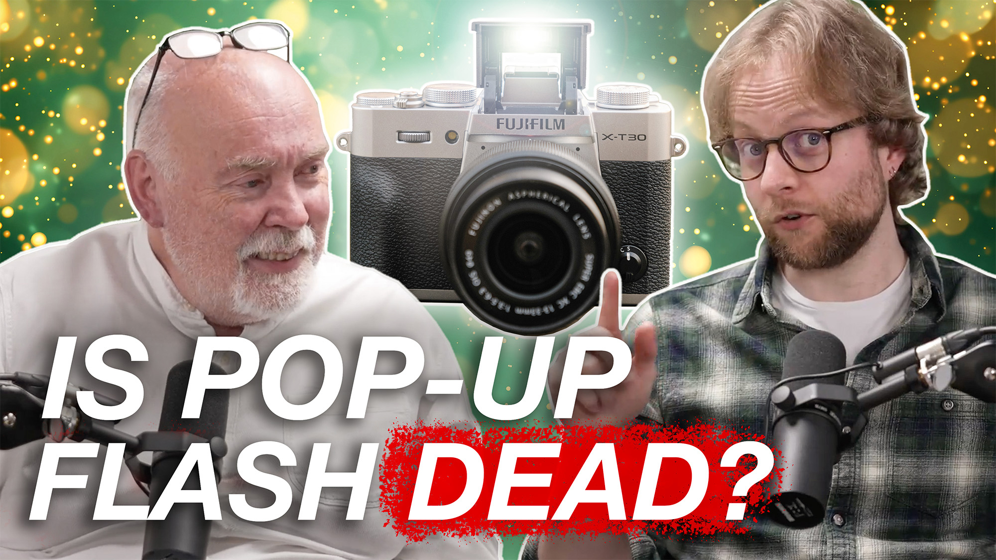 Bokeh Face teaser image with Chris George and Mike Harris in front of a Fujifilm camera, with the text "Is pop-up flash dead?"