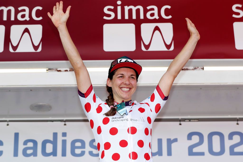 GENNEP NETHERLANDS AUGUST 26 Alison Jackson of Canada and Team Liv Racing celebrates winning the Polka Dot Mountain Jersey on the podium ceremony after the 23rd Simac Ladies Tour 2021 Stage 2 a 222km Individual Time Trial stage from Gennep to Gennep SLT2021 UCIWWT on August 26 2021 in Gennep Netherlands Photo by Bas CzerwinskiGetty Images