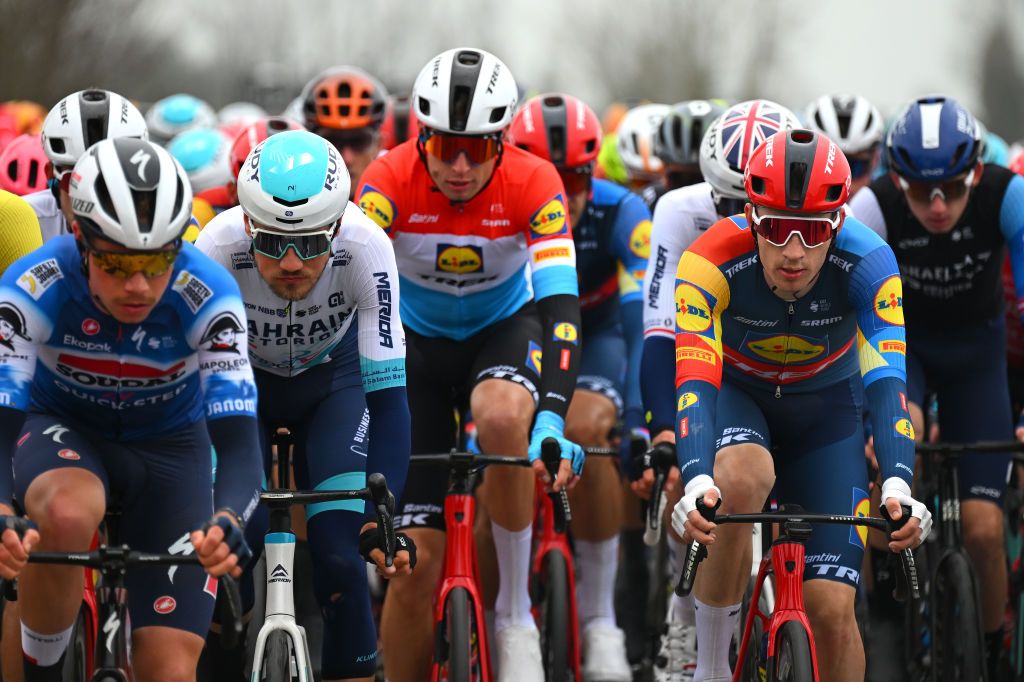 HARELBEKE BELGIUM MARCH 22 LR Alberto Bruttomesso of Italy and Team Bahrain Victorious and Otto Vergaerde of Belgium and Team Lidl Trek compete during the 67th E3 Saxo Bank Classic Harelbeke 2024 a 2076km one day race from Harelbeke to Harelbeke UCIWT on March 22 2024 in Harelbeke Belgium Photo by Tim de WaeleGetty Images