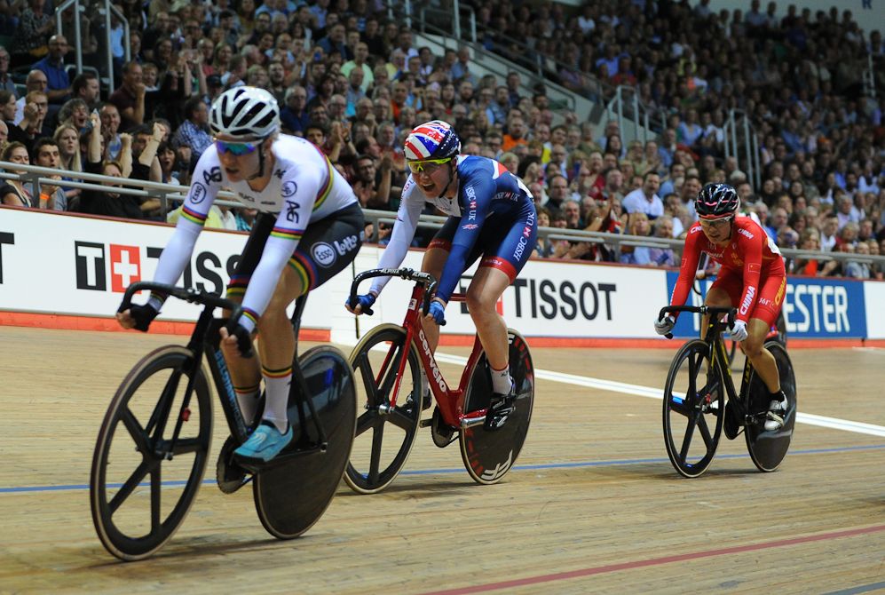 Katie Archibald (C) of Great Britain wins the Women's Madison with Elinor Barker
