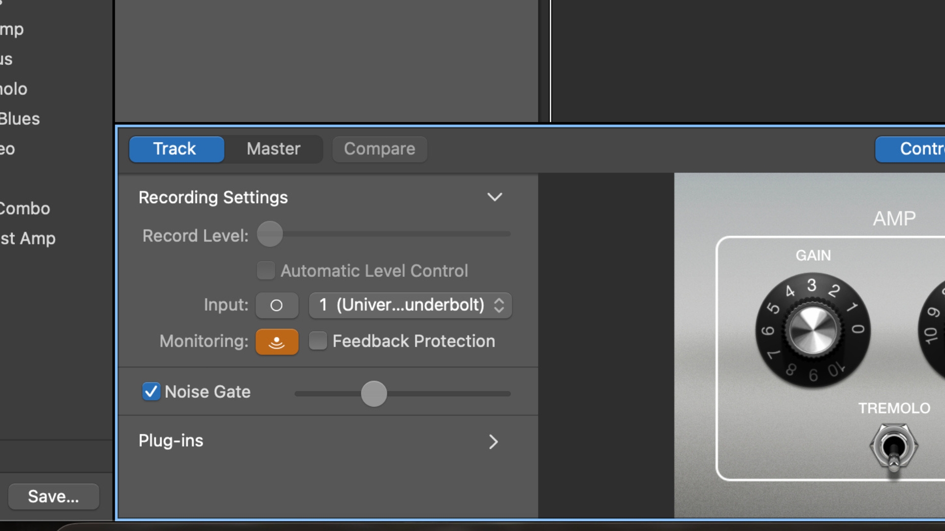 Close up of the input monitoring button in Apple GarageBand