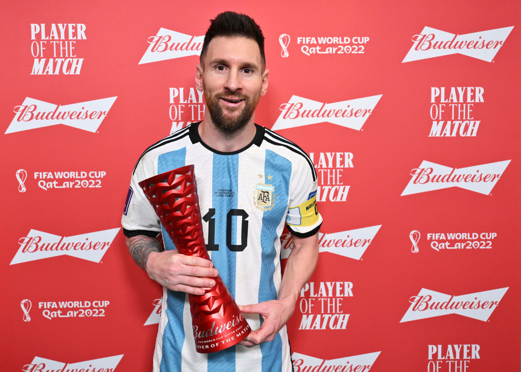 Argentina's Lionel Messi poses with the Budweiser Player of the Match trophy after the Qatar 2022 FIFA World Cup quarter-final between the Netherlands and Argentina at Lusail Stadium on December 9, 2022 in Lusail City, Qatar.
