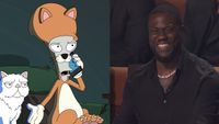 Side by side: Roger dressed as Marmalade the Cat talking on cell phone in American Dad Season Season 20, Kevin Hart smiling during Tom Brady opener on Netflix Roast of Kevin Hart