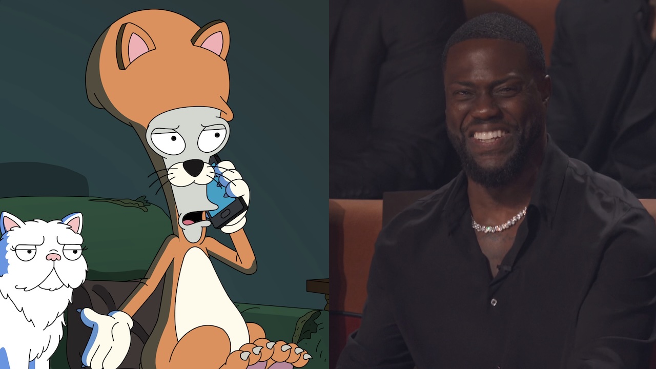 Side by side: Roger dressed as Marmalade the Cat talking on cell phone in American Dad Season Season 20, Kevin Hart smiling during Tom Brady opener on Netflix Roast of Kevin Hart