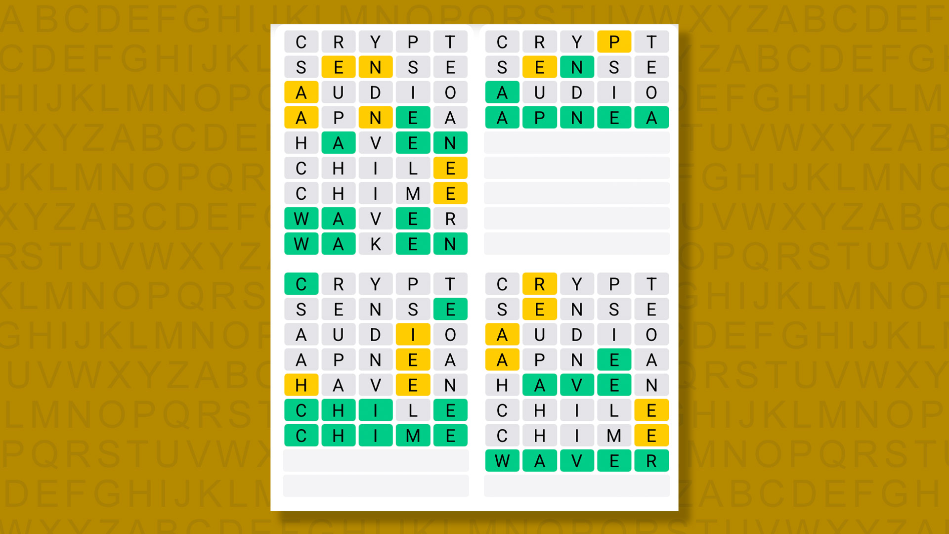 Quordle answers for game 1610 on a yellow background