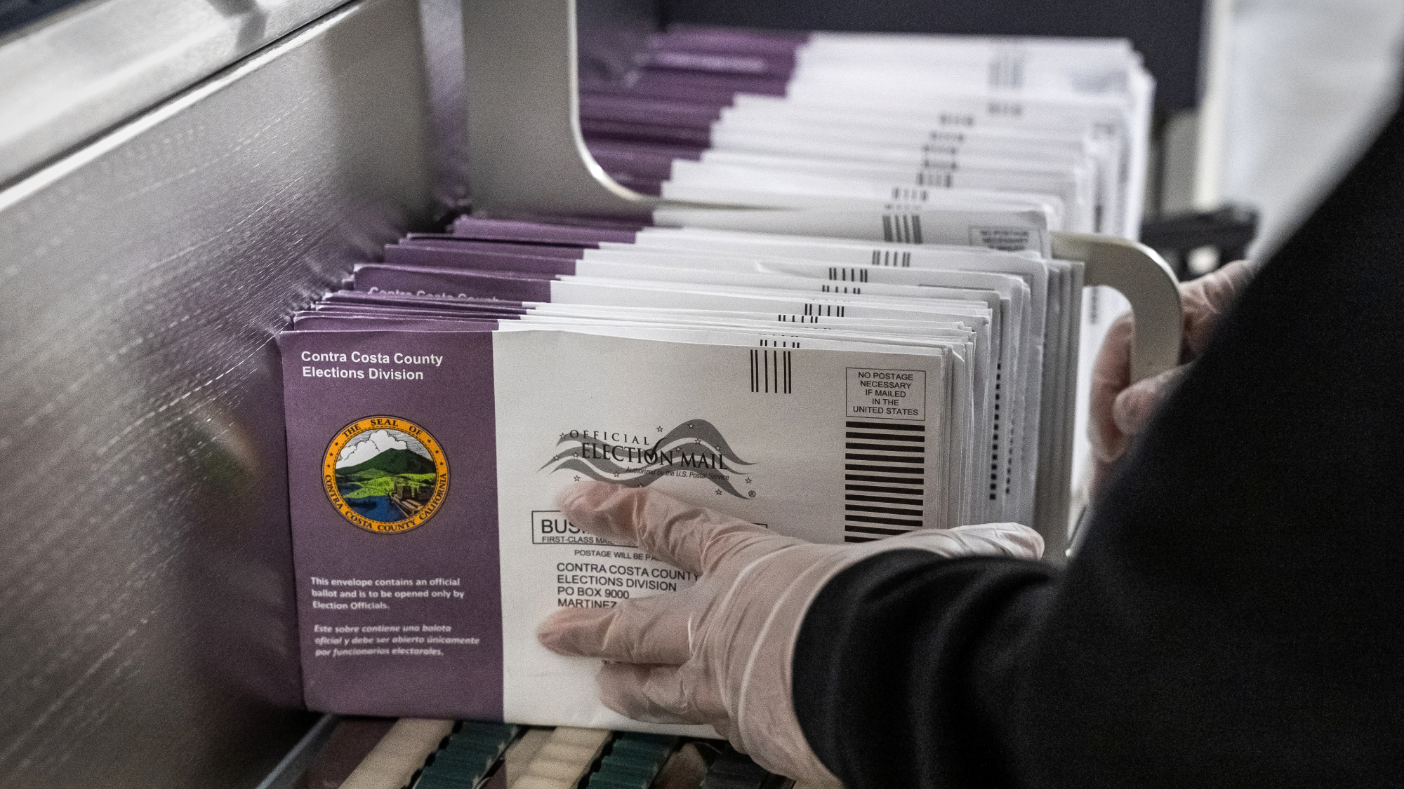 Mail-in ballots to be sorted at Contra Costa County's election operations facility in Martinez, California.