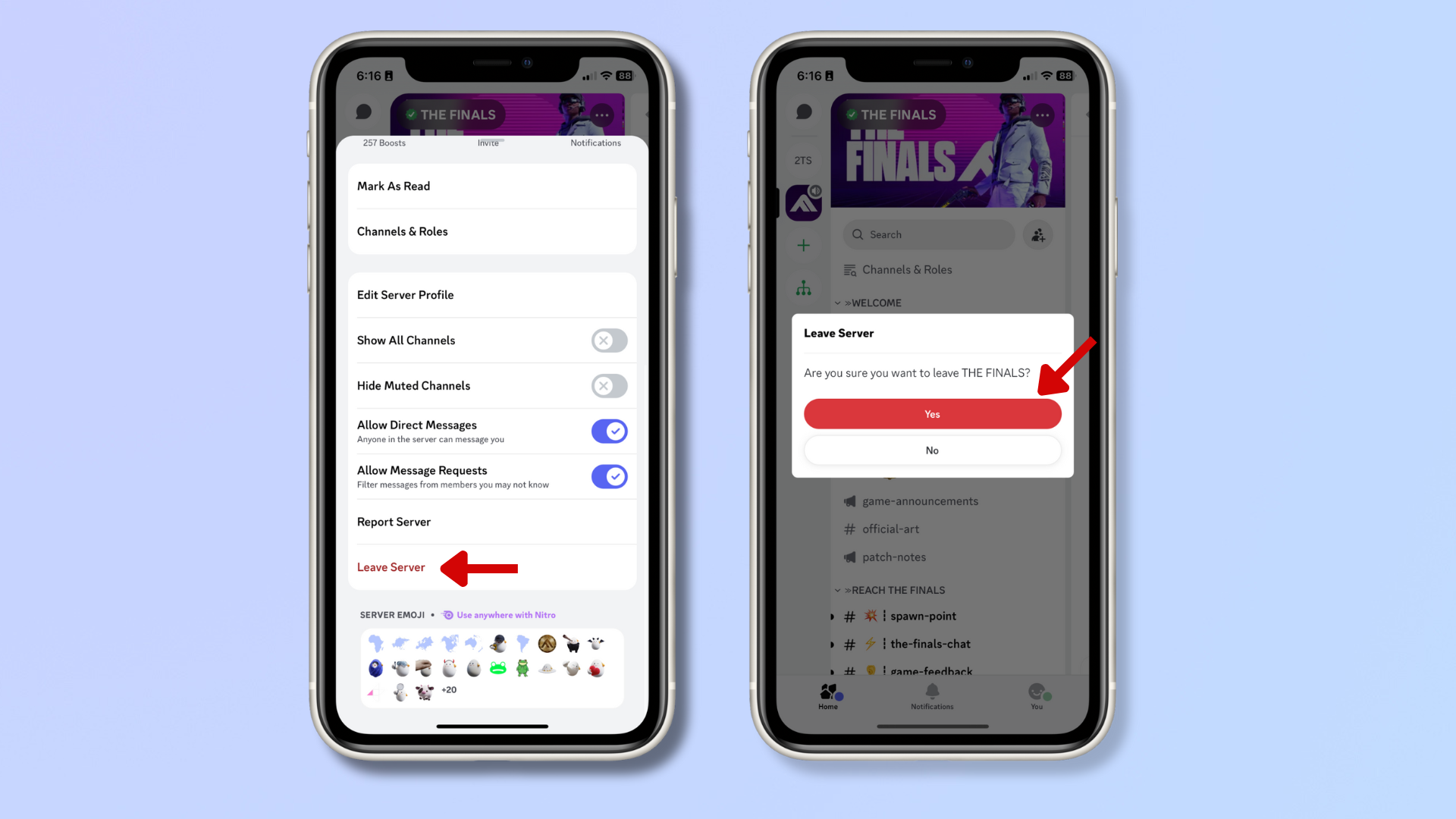 Screenshot of the server menu on the Discord app on iPhone, with red arrows pointing at Leave Server and Yes.