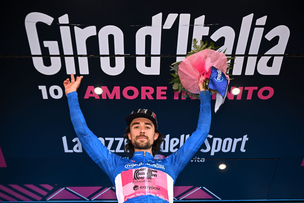 CAORLE ITALY MAY 24 Ben Healy of Ireland and Team EF EducationEasyPost Blue Mountain Jersey celebrates at podium during the the 106th Giro dItalia 2023 Stage 17 a 197km stage from Pergine Valsugana to Caorle UCIWT on May 24 2023 in Caorle Italy Photo by Stuart FranklinGetty Images