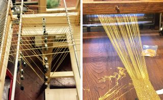 Hand looms weaving real gold and silver chains with coloured Chinese silks