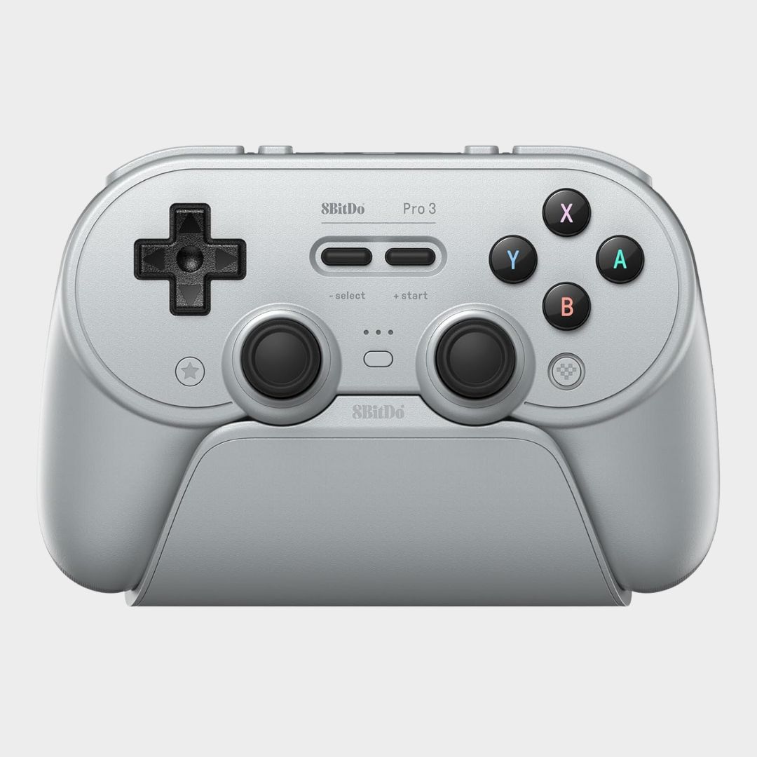 A grey 8BitDo Pro 3 controller on a plain background