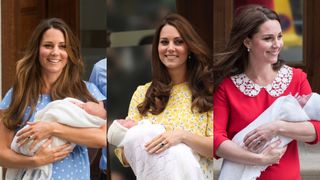 Kate Middleton holding each of her children outside the hospital