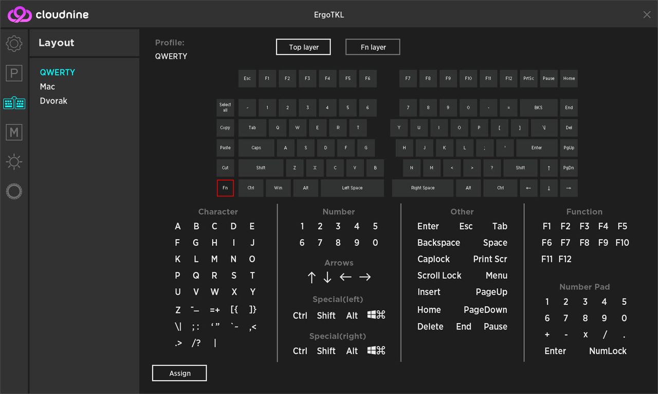 Cloud Nine application for the C959 Ergo ergonomic mechanical keyboard