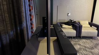 LG G4 OLED TV side-on in a Vegas hotel room
