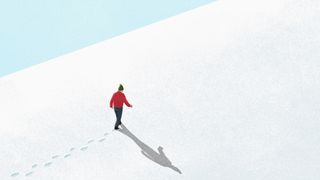 Illustration of a man in a red coat walking up a snowy slope and leaving a trail of footprints