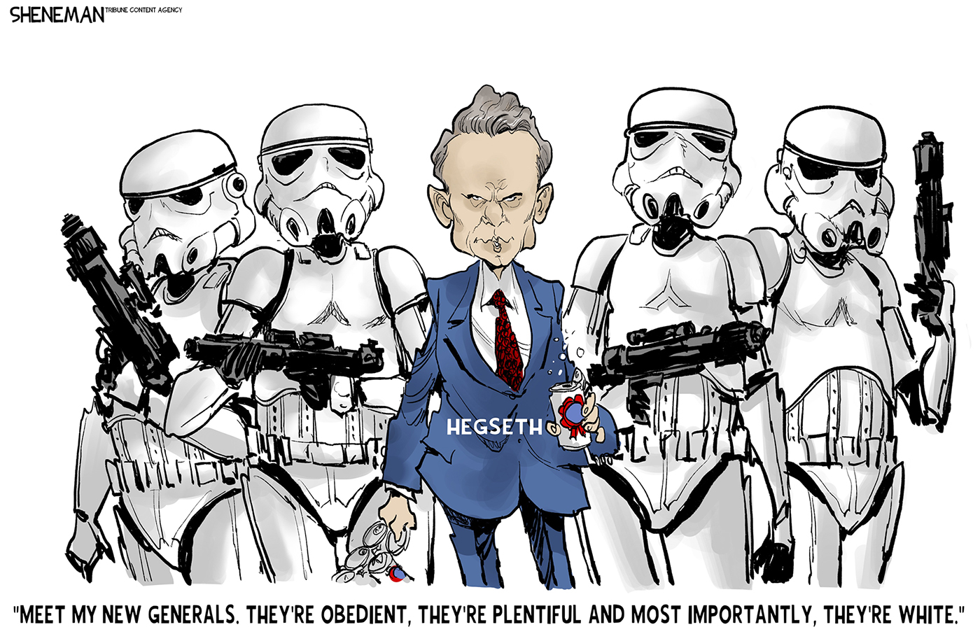 Pete Hegseth stands with a group of four stormtroopers from &amp;ldquo;Star Wars&amp;rdquo;. He says, &amp;ldquo;Meet my new generals. They&amp;rsquo;re obedient, they&amp;rsquo;re plentiful and most importantly, they&amp;rsquo;re white.&amp;rdquo;