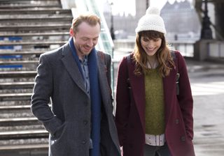 Simon Pegg and Lake Bell laugh together on the South Bank