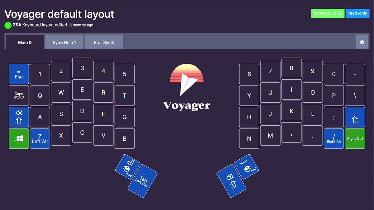A screenshot of the ZSA Oryx keymapping software for its ergonomic keyboard