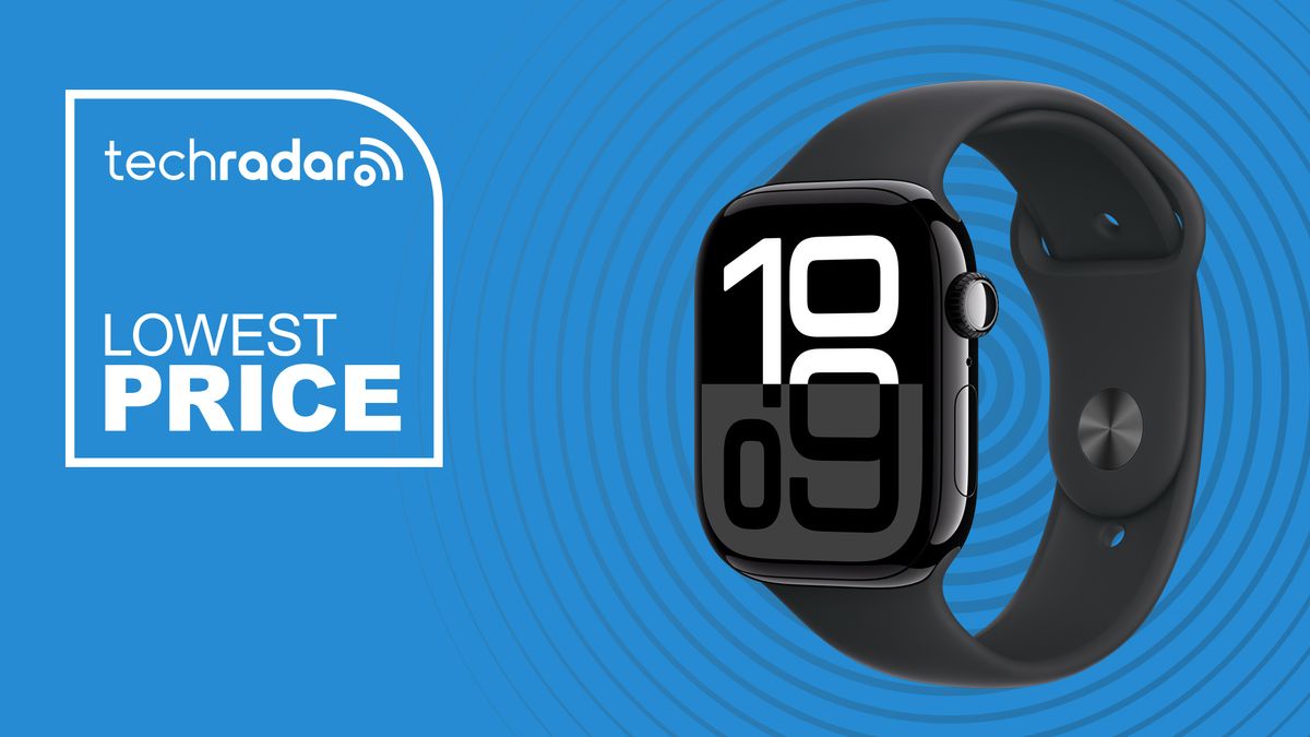 Apple Watch Series 10 on blue background with lowest price TechRadar sign