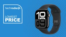 Apple Watch Series 10 on blue background with lowest price TechRadar sign