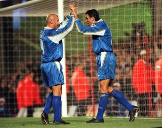 Gus Poyet (right) bagged a brace as Chelsea thrashed Arsenal 5-0 in their next League Cup encounter in November 1998.